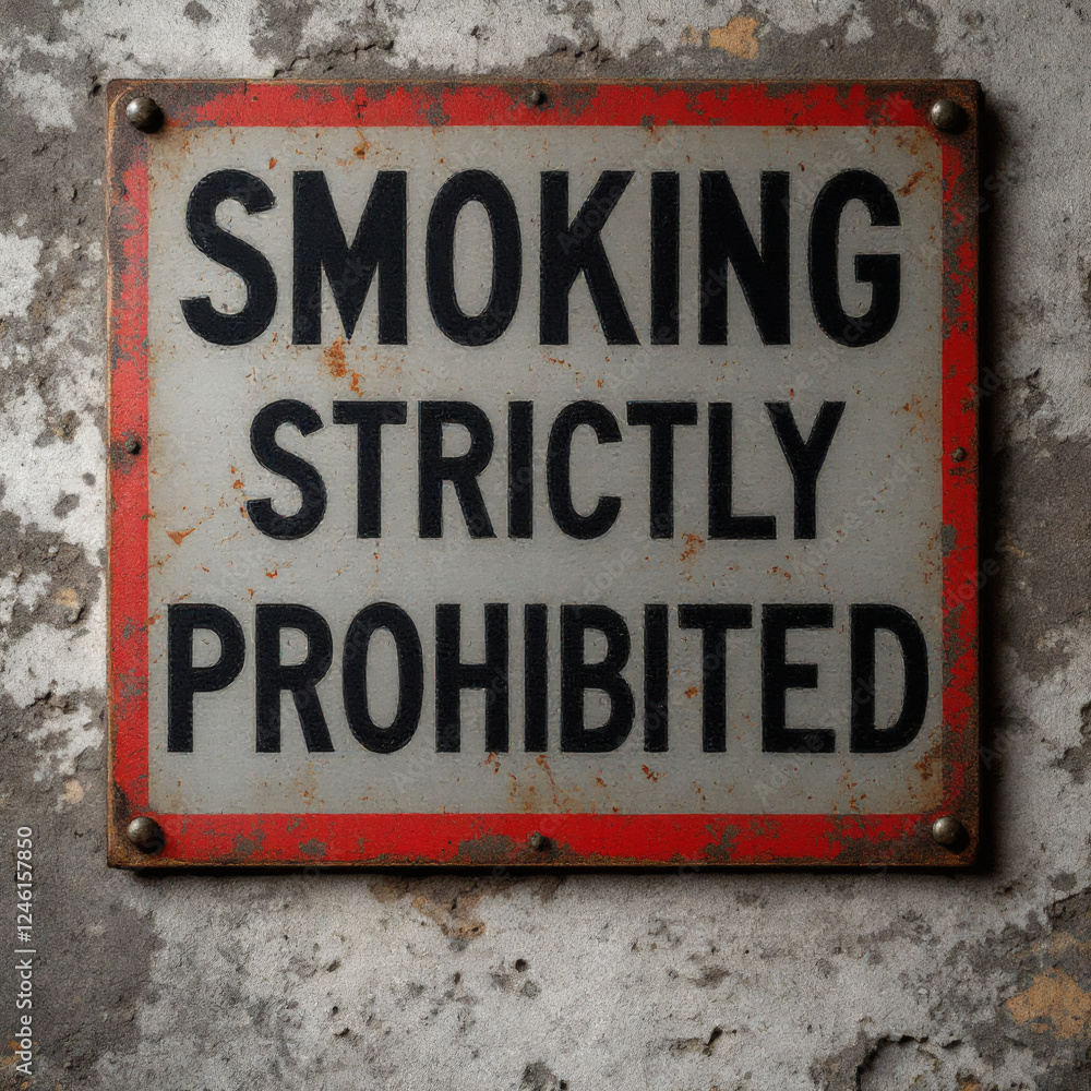 A weathered, rusted metal sign with bold text 'Smoking Strictly Prohibited' mounted on a textured rustic concrete wall. A weathered, rusted metal sign with bold text 'Smoking Strictly Prohibited' mounted on a textured rustic concrete wall.