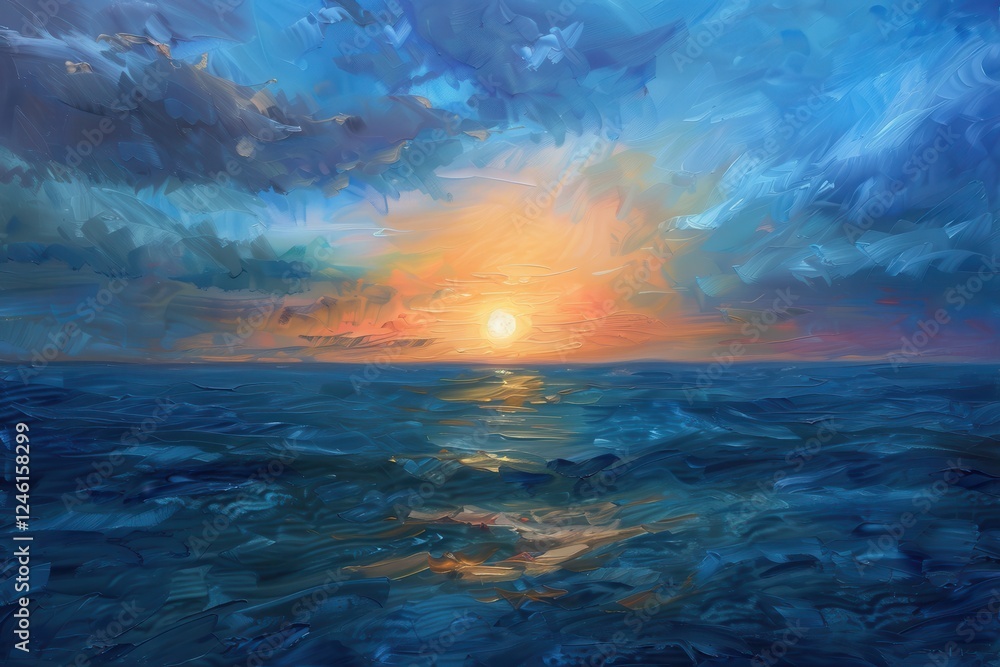 Fototapeta premium Sunset over the ocean creates vibrant sky colors and reflections on calm waters, highlighting serene beauty at the end of the day