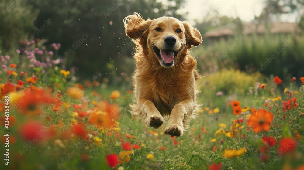 A cheerful golden retriever mid-run in a meadow of bright flowers, soft sunlight enhancing the playful, sunny vibe A cheerful golden retriever mid-run in a meadow of bright flowers, soft sunlight enhancing the playful, sunny vibe