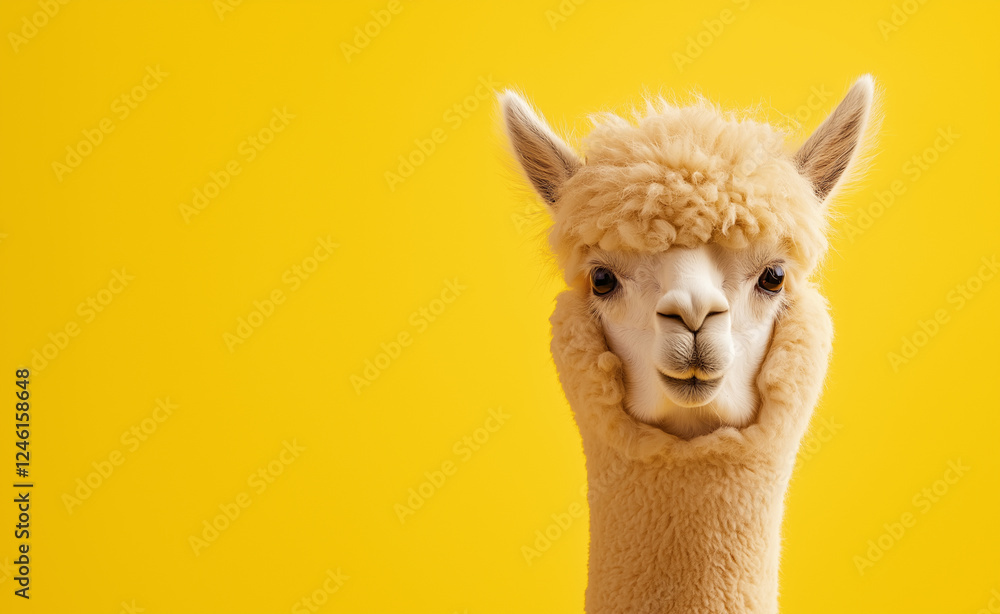 Obraz premium A fluffy alpaca with a soft, woolly coat and a curious expression against a bright yellow background.