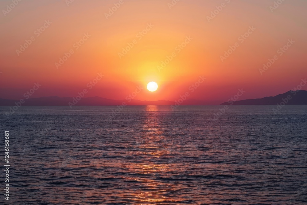 Obraz premium Sunset over the ocean creates vibrant sky colors and reflections on calm waters, highlighting serene beauty at the end of the day