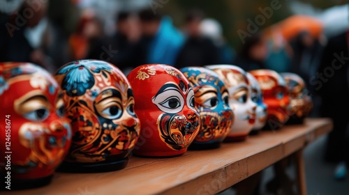 A row of traditional wooden daruma dolls painted with bright red and gold designs, neatly displayed at a local market stall photo