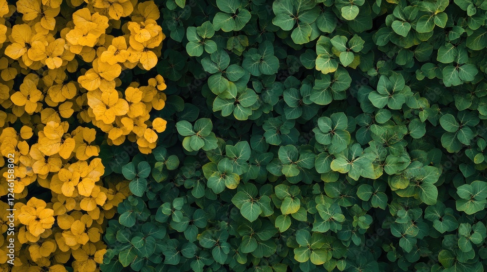 abstract aerial perspective of dense forest in autumn with golden and green foliage creating striking contrast