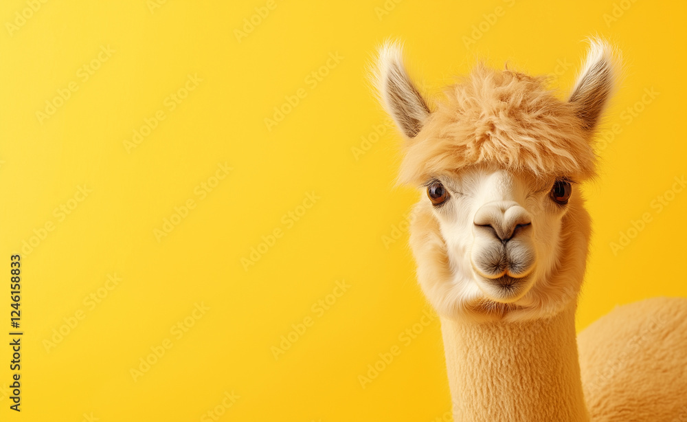 Obraz premium A fluffy alpaca with a soft, woolly coat and a curious expression against a bright yellow background.