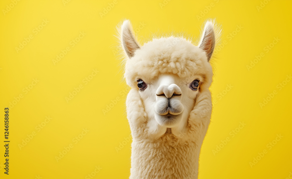 Obraz premium A fluffy alpaca with a soft, woolly coat and a curious expression against a bright yellow background.