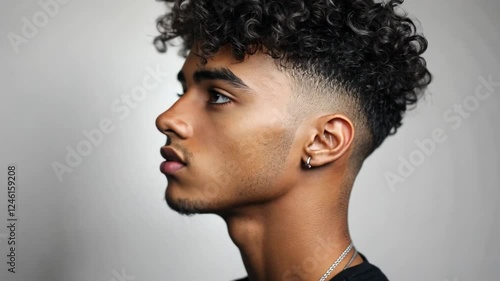 Man with Curly Hairstyle: A young man with a sharp and stylish fade haircut, featuring voluminous, textured curls, stares intensely into the distance.