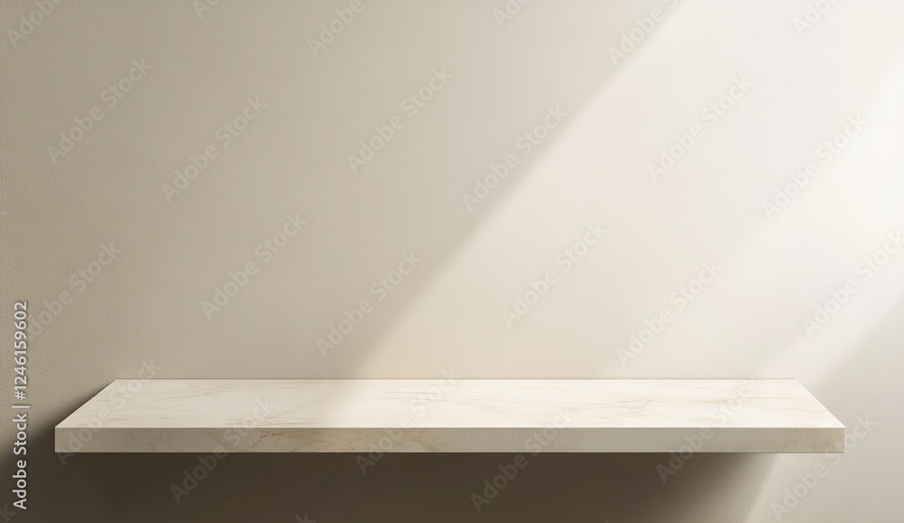 Marble shelf, sunlight, beige wall, product display Marble shelf, sunlight, beige wall, product display