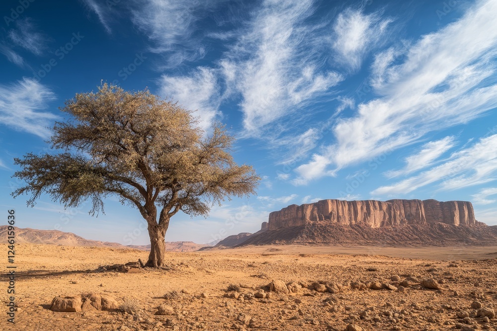 Lone desert tree, sandstone cliffs, sunny sky, travel poster Lone desert tree, sandstone cliffs, sunny sky, travel poster