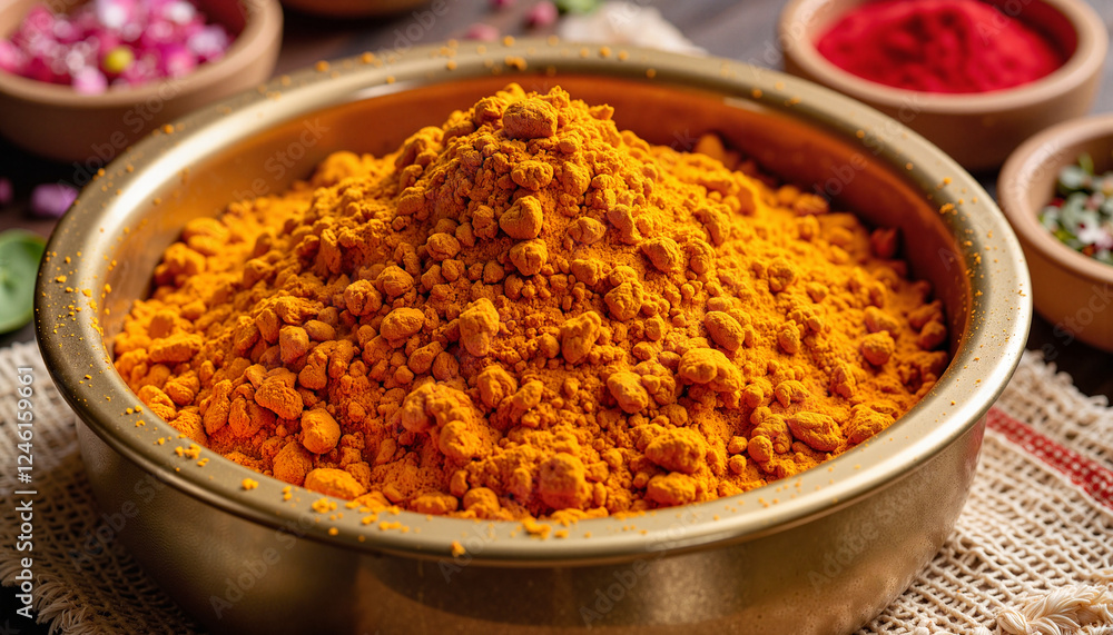 Vibrant turmeric powder in brass bowl, festive Indian colors Vibrant turmeric powder in brass bowl, festive Indian colors