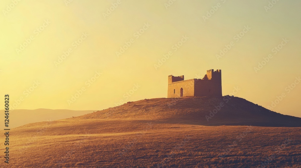 Obraz premium Ancient castle perched on a hilltop surrounded by golden light during sunset. Generative AI