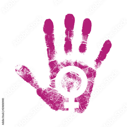 Logo feminismo. Día internacional de la mujer. Silueta de huella de una mano con símbolo femenino 