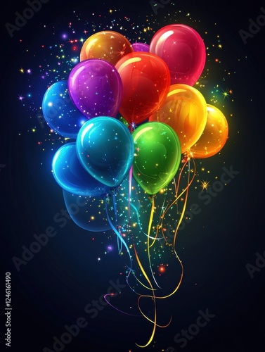 Colorful balloons floating in a dark background.
