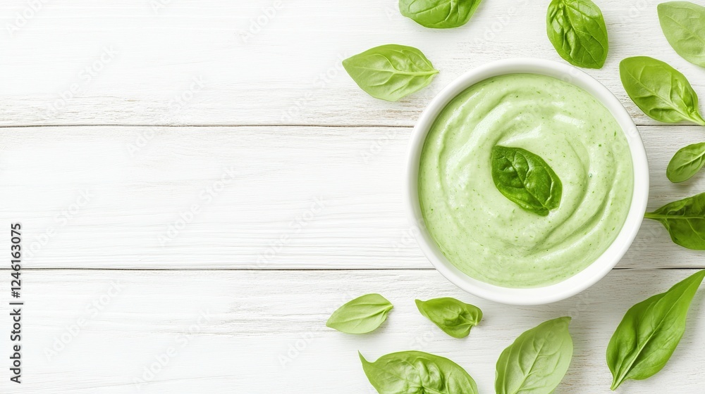 Obraz premium Creamy spinach dip in bowl, white wood background, recipe, food photography