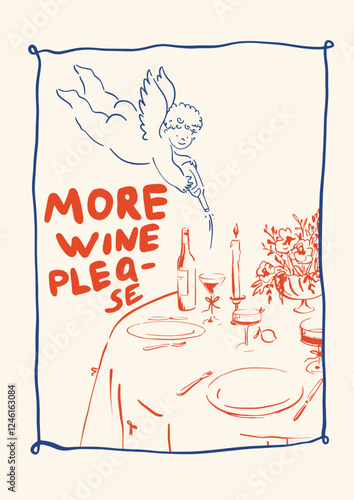 A whimsical and playful illustration features an angelic figure pouring wine. A table is elegantly set with plates, glasses, and a shining candle, creating a warm and inviting ambiance.