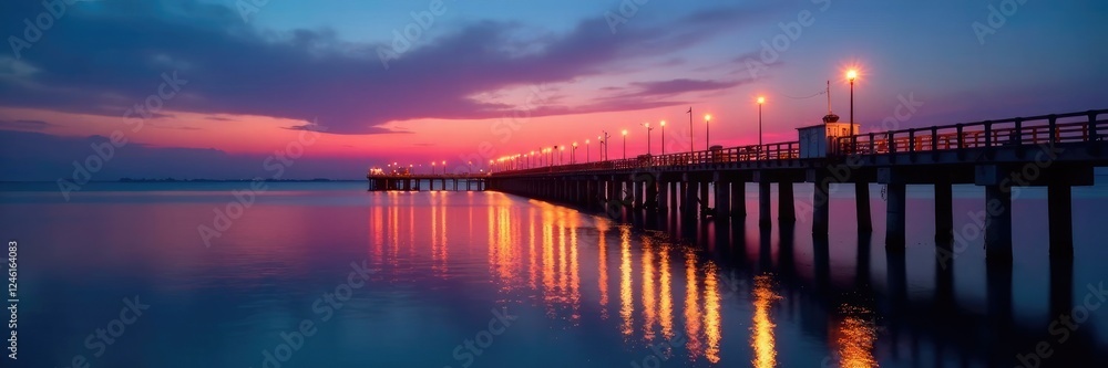 Pier lights reflected on calm water surface at dusk, evening, pier Pier lights reflected on calm water surface at dusk, evening, pier