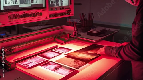 Developing the Past: A photographer meticulously inspects negatives under a red light in a darkroom, revealing the meticulous process behind capturing and preserving memories.  