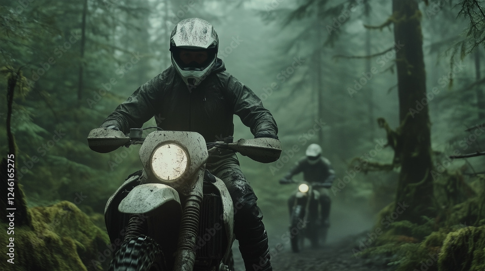 Fototapeta premium Two men are riding motorcycles in a forest