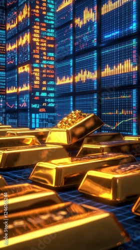 Photorealistic shot of rising gold stocks amidst high-tech investment screens glowing brightly.