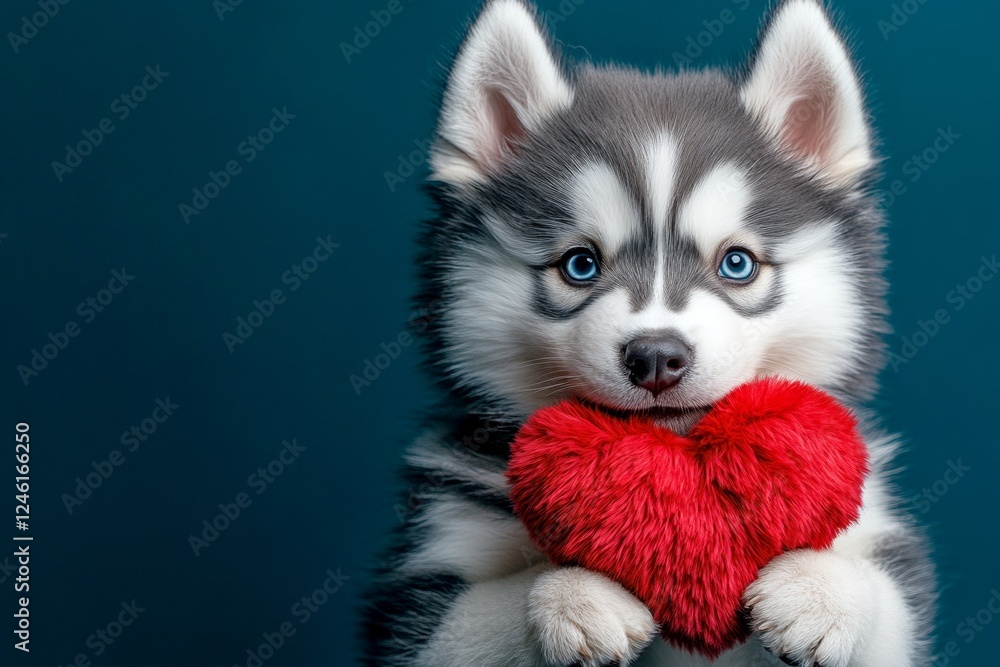Siberian husky - my desired dog. Cute siberian husky pup with fluffy red heart - sign of love, funny greeting card. Marketing conceptual art. Pet love photo ideas. Dog and heart. Love and car. Siberian husky - my desired dog. Cute siberian husky pup with fluffy red heart - sign of love, funny greeting card. Marketing conceptual art. Pet love photo ideas. Dog and heart. Love and car.
