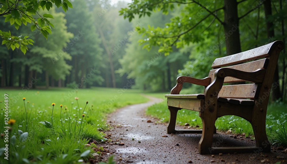 Serene wooden bench in misty park, tranquility and reflection, Mild Rain Drizzle, Mild Weather