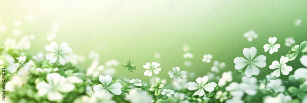 Lush green clover field with gentle white and green shamrocks under soft sunlight Lush green clover field with gentle white and green shamrocks under soft sunlight
