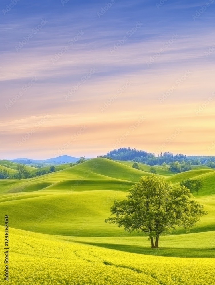Obraz premium Serene landscape with vibrant green hills under a pastel sky, lone tree stands proudly, rolling hills fade into the horizon creating a tranquil rural scene concept keyword