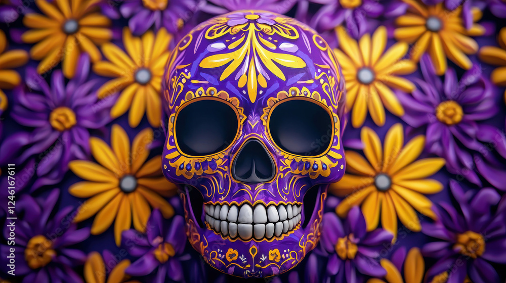 Vibrant Purple Skull Surrounded by Bright Yellow Floral Patterns with Glowing Accents Vibrant Purple Skull Surrounded by Bright Yellow Floral Patterns with Glowing Accents