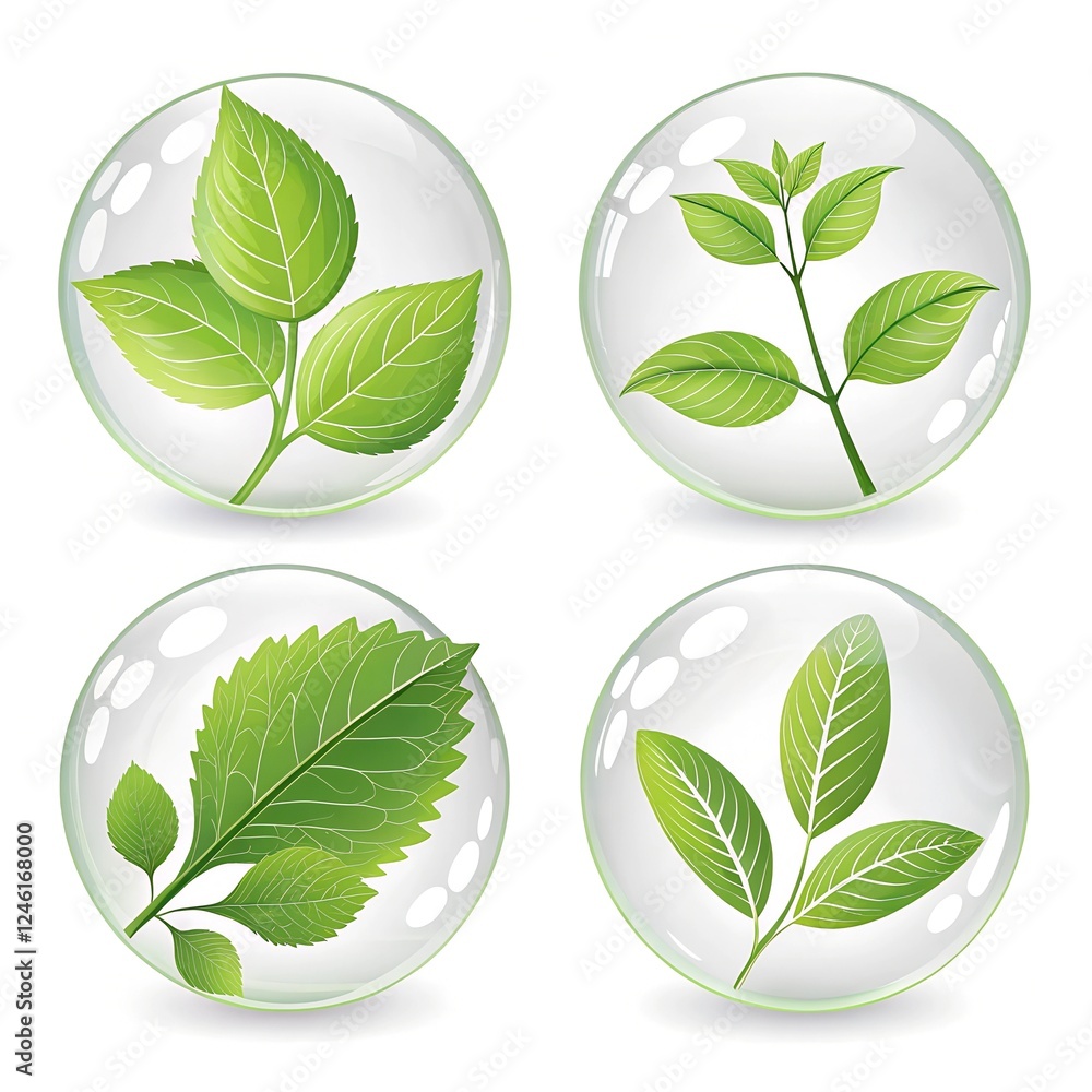 Glass ball icon set with green leafs Glass ball icon set with green leafs