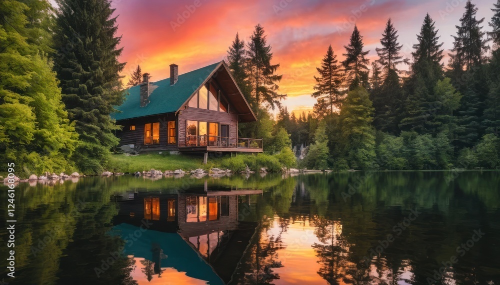Fototapeta premium Idyllic Lakeside Cabin with Sunset Reflection