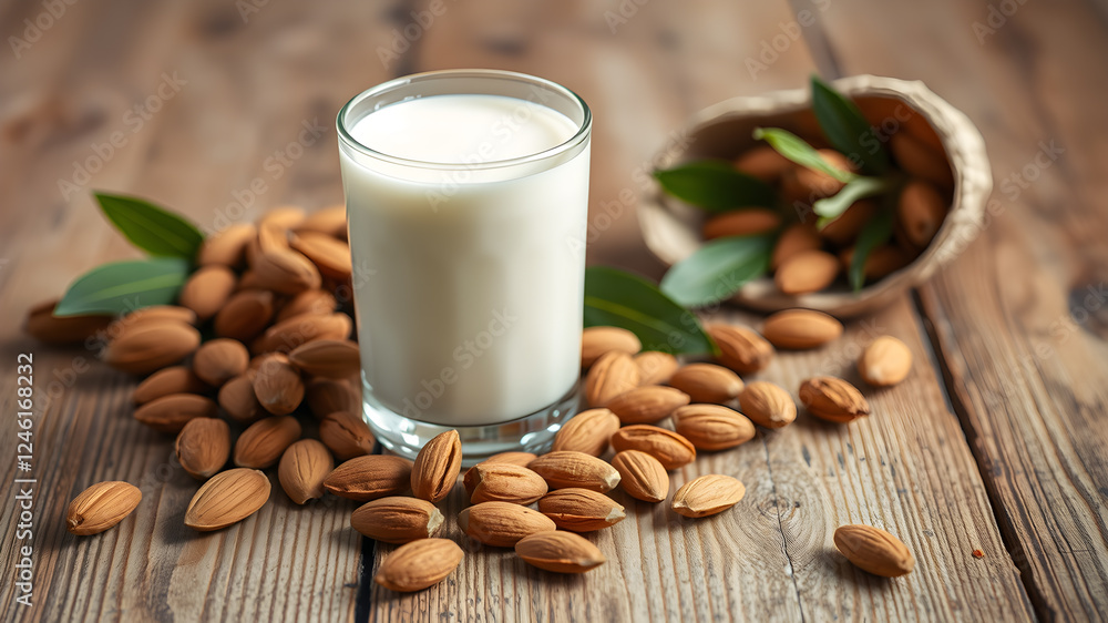 Fresh almond milk in glass and nuts on wooden table, closeup. Space for text. Generative AI Fresh almond milk in glass and nuts on wooden table, closeup. Space for text. Generative AI