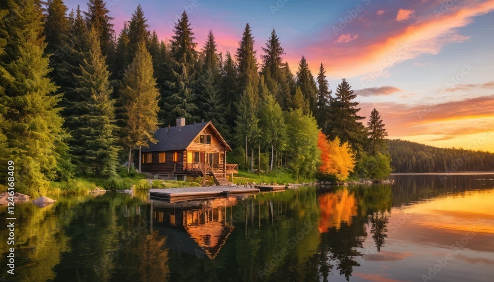 Idyllic Lakeside Cabin with Sunset Reflection Idyllic Lakeside Cabin with Sunset Reflection