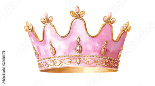 A beautiful pink crown with golden details, symbolizing royalty and elegance. isolated on white background.