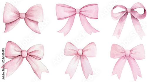 A collection of six beautiful pink bows in various styles and shades. isolated on white background.