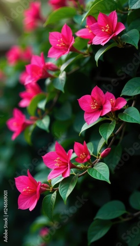 Tropical bougainvillea vine growing on a trellis with leaves, flowers, tropical, photo