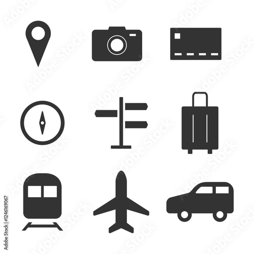 旅行にまつわるモノクロアイコンベクターイラストセット