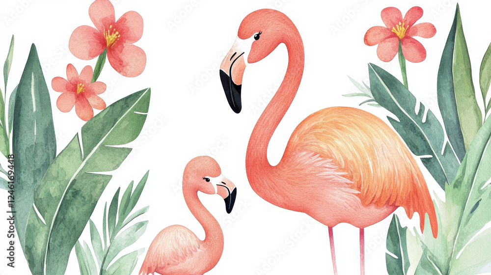 Fototapeta premium Beautiful watercolor illustration of flamingos among tropical flowers and green leaves. isolated on white background.