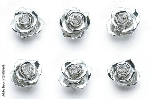 Elegant silver roses arranged beautifully, showcasing intricate metallic petals. isolated on white background.