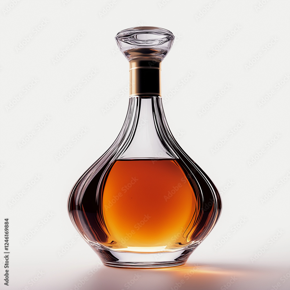 Elegant glass decanter filled with amber liquid, showcasing its refined design and smooth curves. Perfect for serving spirits or decorative display Elegant glass decanter filled with amber liquid, showcasing its refined design and smooth curves. Perfect for serving spirits or decorative display