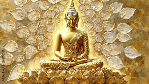 Golden Buddha in Meditation: A serene golden Buddha statue sits in the lotus position, surrounded by embossed golden leaves, radiating peace and enlightenment.
