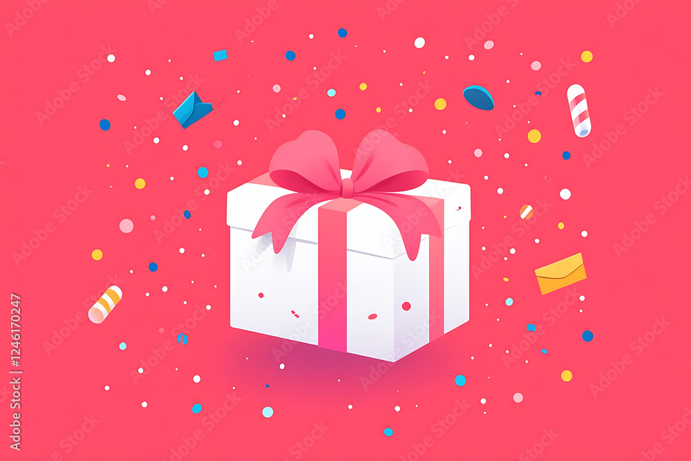 Fototapeta premium A festive gift box with a pink ribbon surrounded by colorful confetti and decorations.