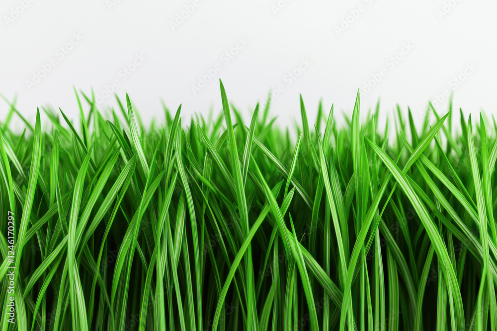 Fototapeta premium Vibrant green grass blades against a clean, white background for fresh nature appeal.