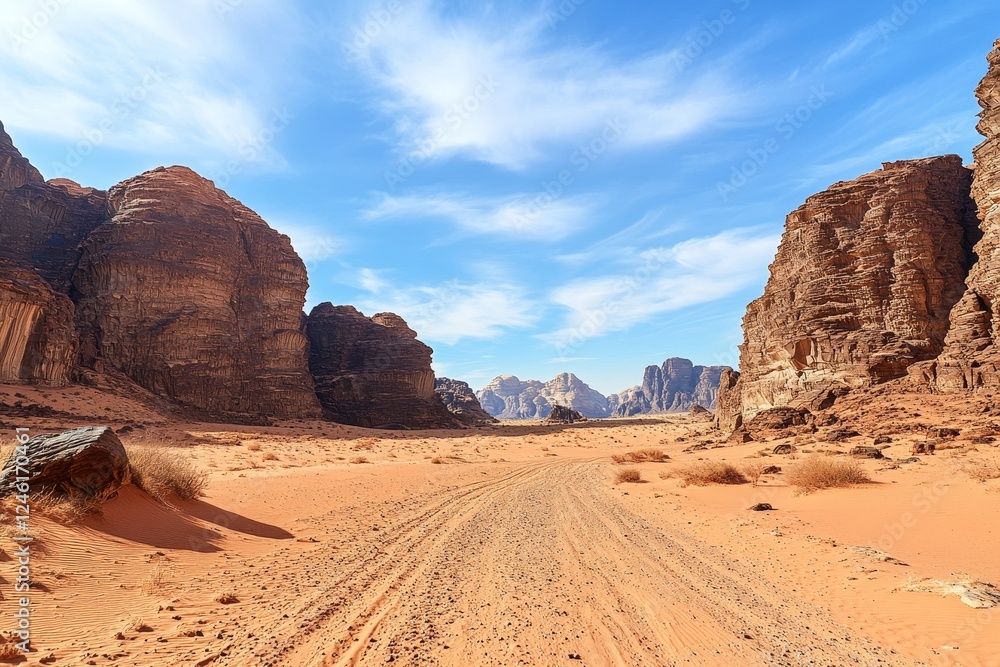 Wadi Rum desert track, sandstone mountains, clear sky, adventure travel Wadi Rum desert track, sandstone mountains, clear sky, adventure travel