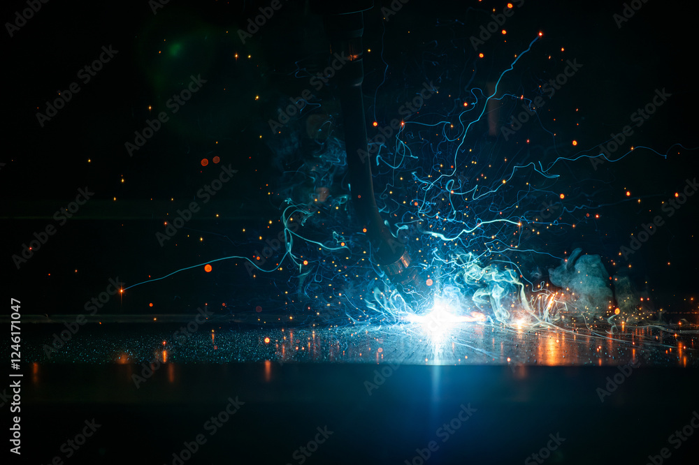 Fototapeta premium welding machine close-up and flying calves macro