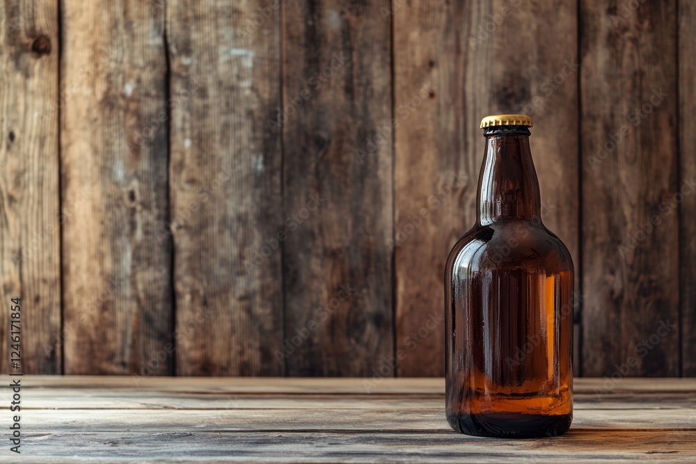Rustic Brown Beer Bottle on Wooden Table Rustic Brown Beer Bottle on Wooden Table
