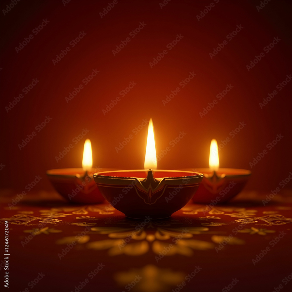 A hyperrealistic, cinematic close-up of three glowing diyas on a dark red background with gold intricate patterns, bathed in golden hour lighting. A hyperrealistic, cinematic close-up of three glowing diyas on a dark red background with gold intricate patterns, bathed in golden hour lighting.