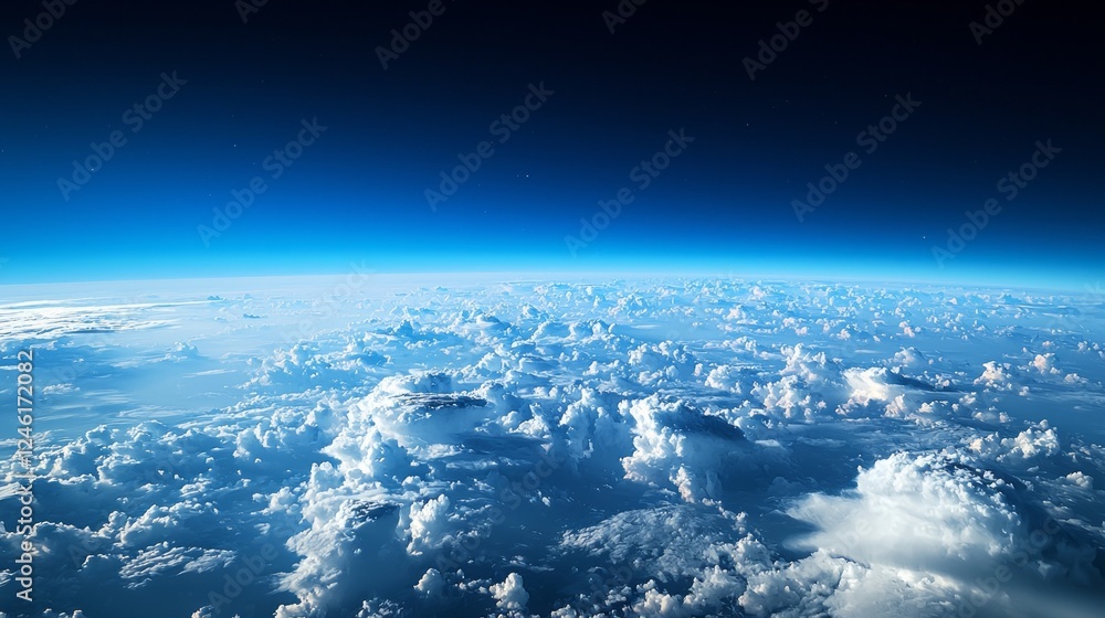 Naklejka premium Experience the breathtaking beauty of a cloud-covered expanse stretching endlessly across the horizon. This stunning view captures the serene interplay of light and clouds in the atmosphere