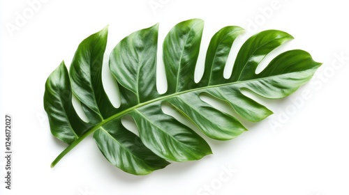 Symmetrical tropical leaves on white background with green leaves at a tilted angle photo