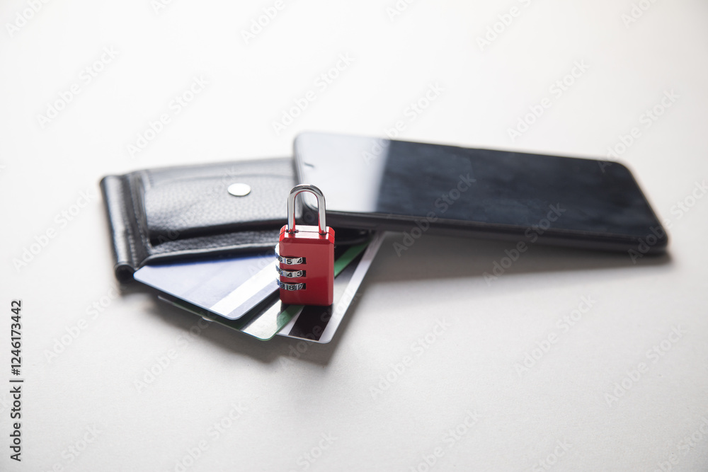 Smartphone, wallet, credit cards with a padlock. Smartphone, wallet, credit cards with a padlock.