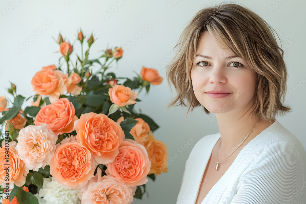 woman with bouquet of roses woman with bouquet of roses