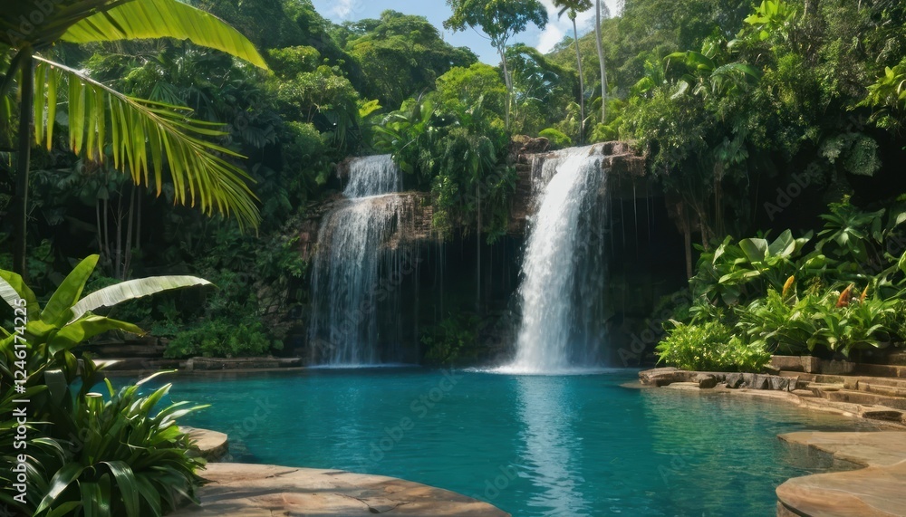 Tropical Waterfall Cascading into a Crystal-Clear Pool Tropical Waterfall Cascading into a Crystal-Clear Pool